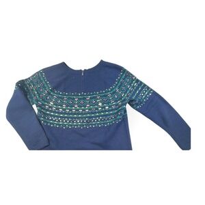 Talbots Petites Navy Fair Isle Beaded Sweater Long Sleeve Crew Neck Women L‎